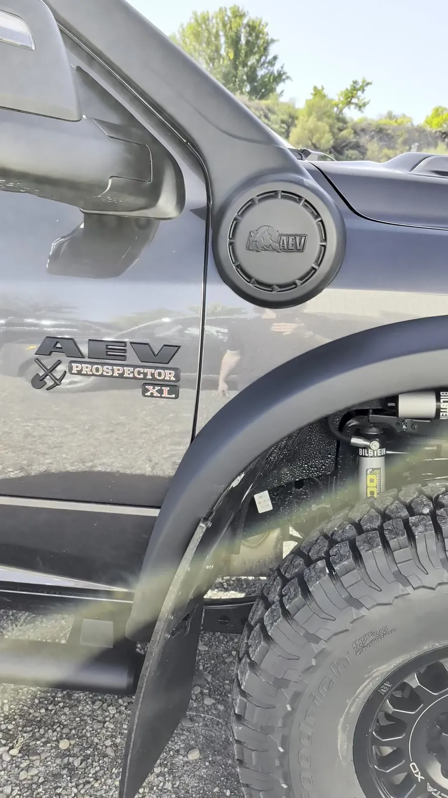 AEV snorkel with Ram Air, AEV Prospector XL badge, Bilstein front shock