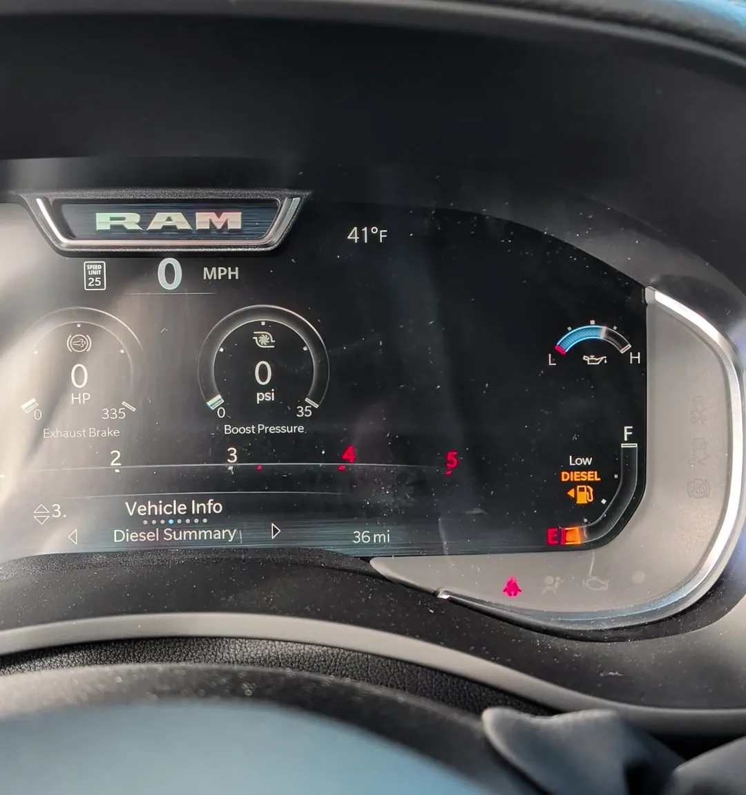 Instrument cluster showing 36 miles